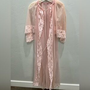 Vintage Pink Sheer Chiffon Lace Boudoir Peignoir Open Front Robe Lingerie
